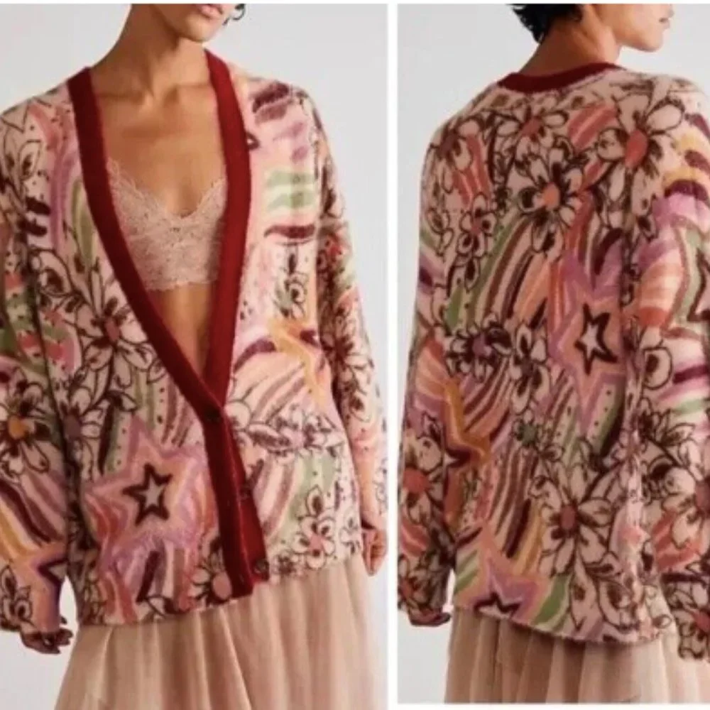 Free People Carson Cozy Cardi Sweater Floral NEW Small - Picture 4 of 4